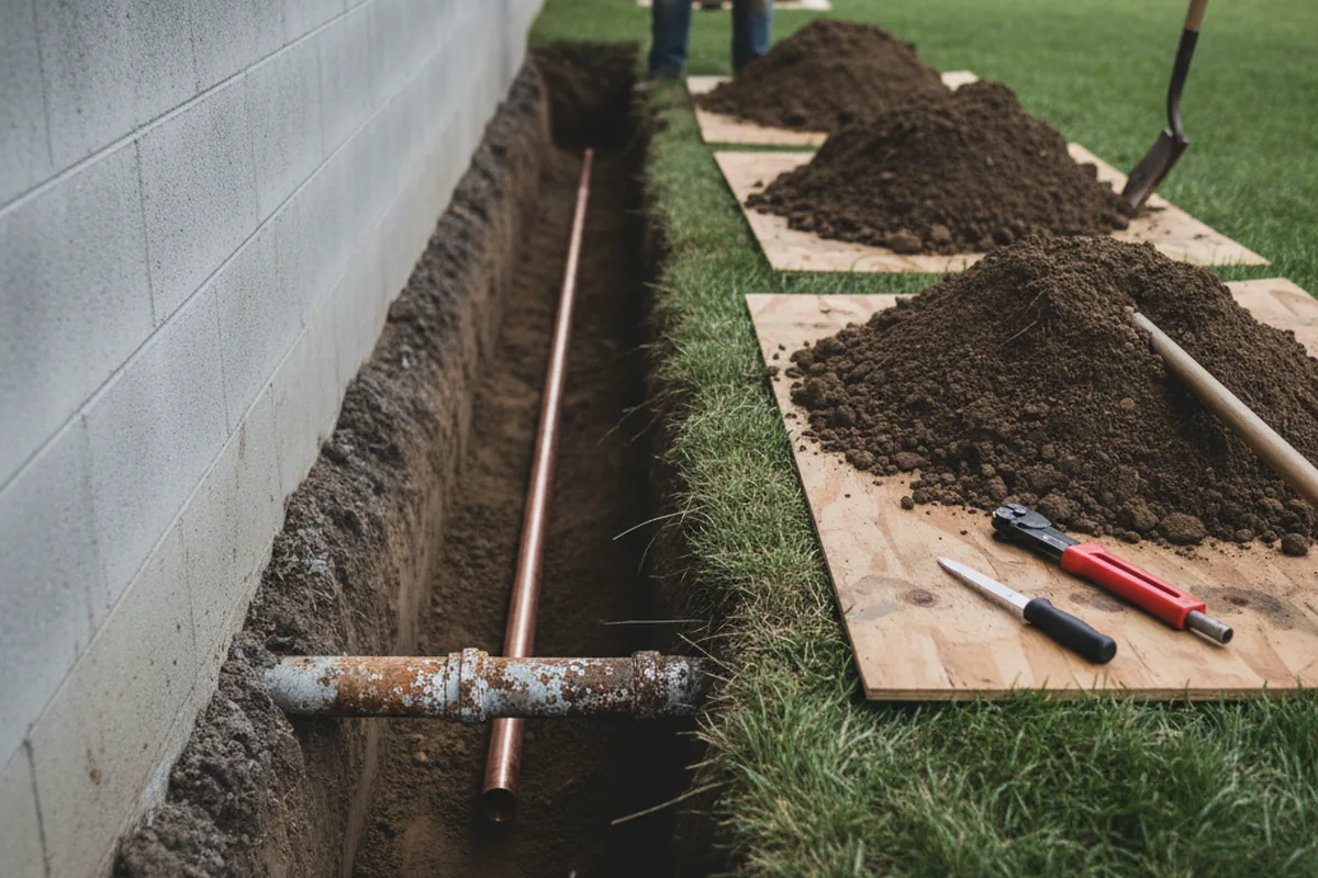 Excavated water line trench during Water Softener Installation in Southside